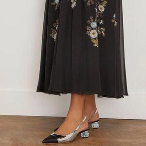 XYD Silver Black Sling Back Sandal Crystal Block Low Heel Pointed Toe Pumps